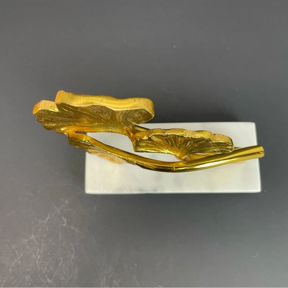 Sculpture 2 Leaf Ginko Gold Look Sculpture Modern Metal Leaves Marble Base - Picture 9 of 10